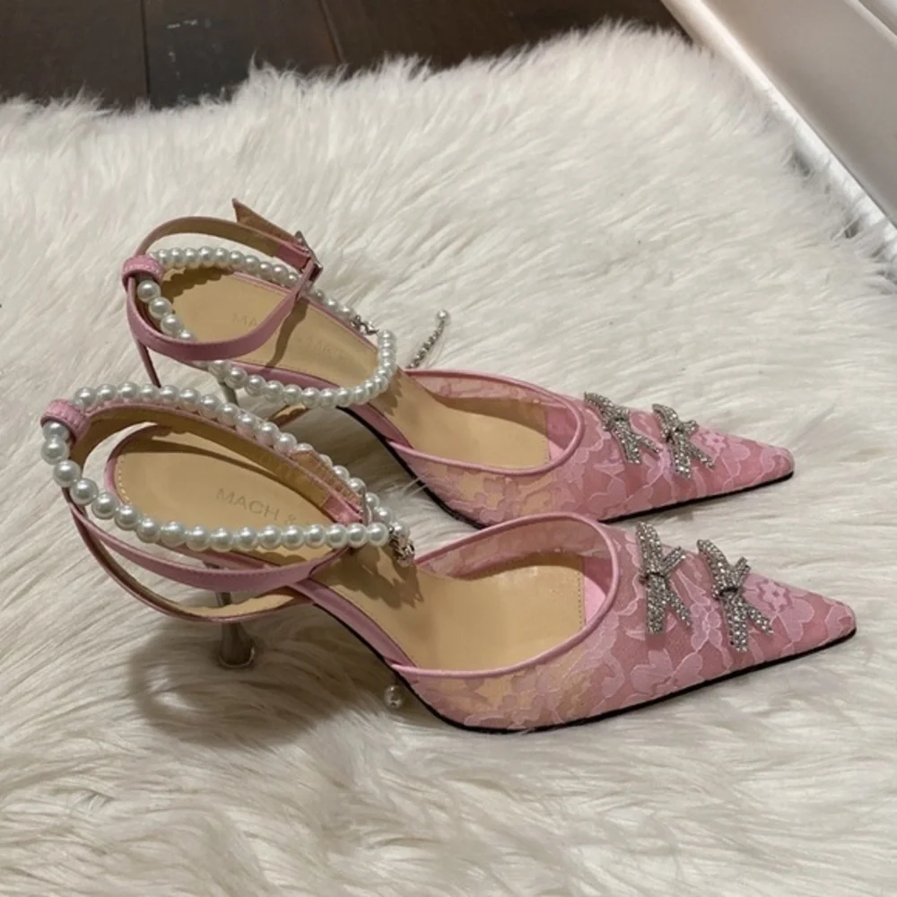 Mach & Mach Mini Bow embellished pink kitten lace pump heel‎ size 36EU